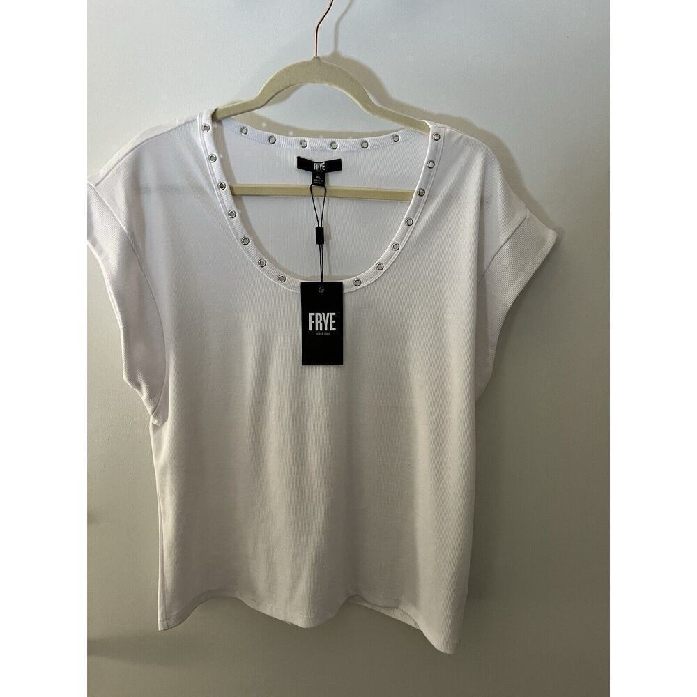 Frye Women’s Scoop Neck Short Sleeve T-Shirt With Gromets White Sz XL N…